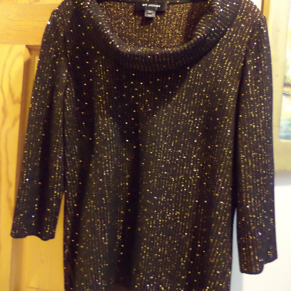 ST. JOHN Roll Collar Sweater ~ Bronze on Black Striped ~New without Tags -Medium
